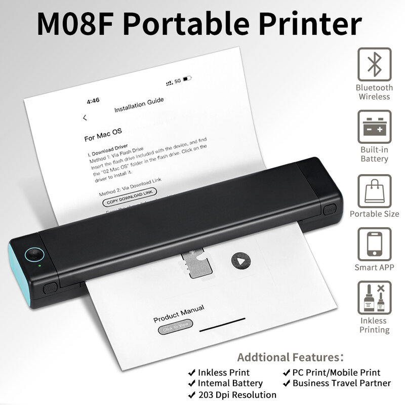 Phomemo M08F A4 Printer termal portabel, Printer termal portabel, mendukung 8.26 "x 11.69", kertas termal A4, Printer perjalanan seluler nirkabel untuk Mobil & kantor