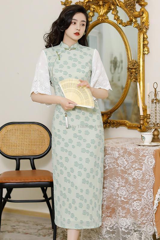 República da China Estilo Lapela Botão Melhorado Temperamento Elegante Cheongsam Mulheres Slim Floral vestido de festa de manga grande