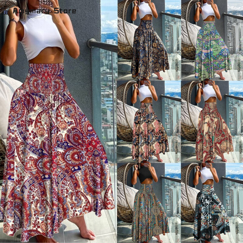Falda larga Floral Bohemia para mujer, falda de medio cuerpo, suelta, informal, de cintura alta, para vacaciones y fiestas