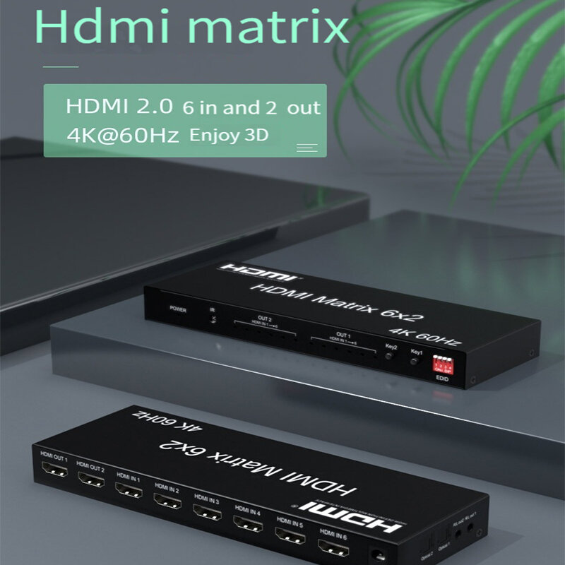 Interruptor Matrix HDMI 6x2 4K 60Hz HDMI Matrix 6 en 2 out Video Switcher Splitter con Extractor de Audio óptico R/L para monitor de PC