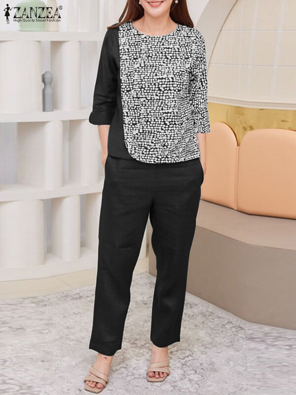 Костюм спортивный ZANZEA женский с цветочным принтом, Модный повседневный комплект из 2 предметов, брюки для работы, блузка, на лето, 2024