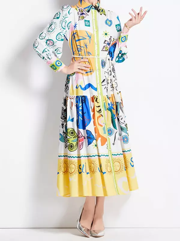 Summer maxi Dress For Women Fashion Elegant Office Lady Lantern Sleeve Turn-down Collar Silm Dresses Women Clothing