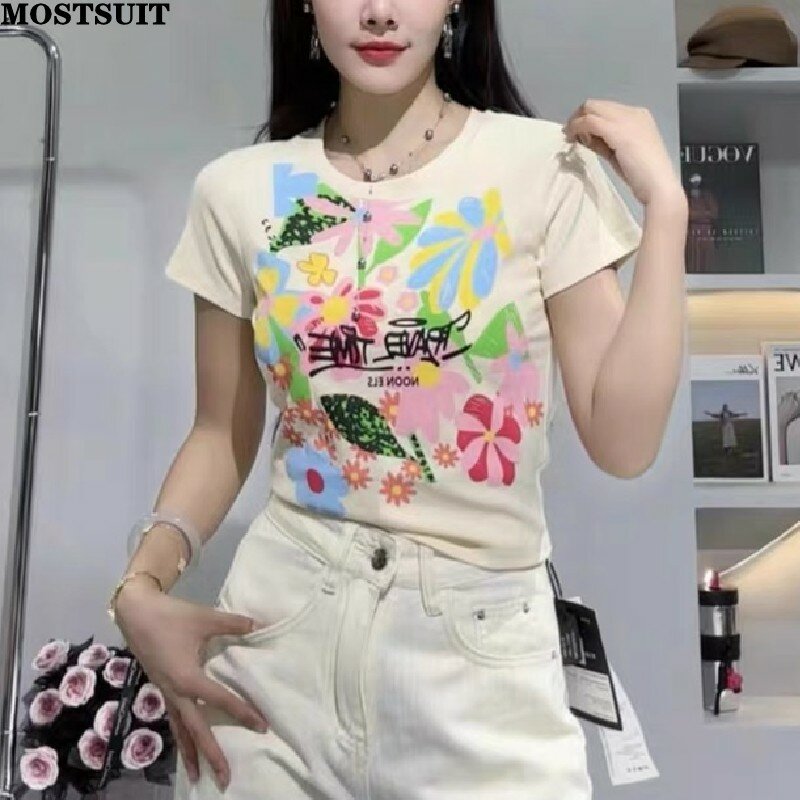 Summer Printed Sweater T-shirts Women Stylish Fashion Streetwear Chic Tees Tops Short Sleeve Round Neck Ladies Jumpers Tshirts