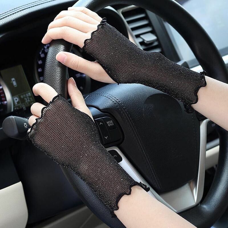 Guantes elásticos antideslizantes para mujer, manoplas transpirables Anti-UV con volantes brillantes, malla sin dedos, medio dedo