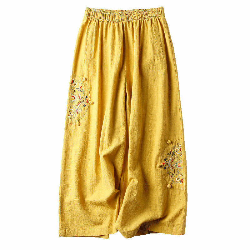 2024 estate dritta nuova moda Casual pantaloni a gamba larga in lino stile cinese donna confortevole elastico in vita abbigliamento donna