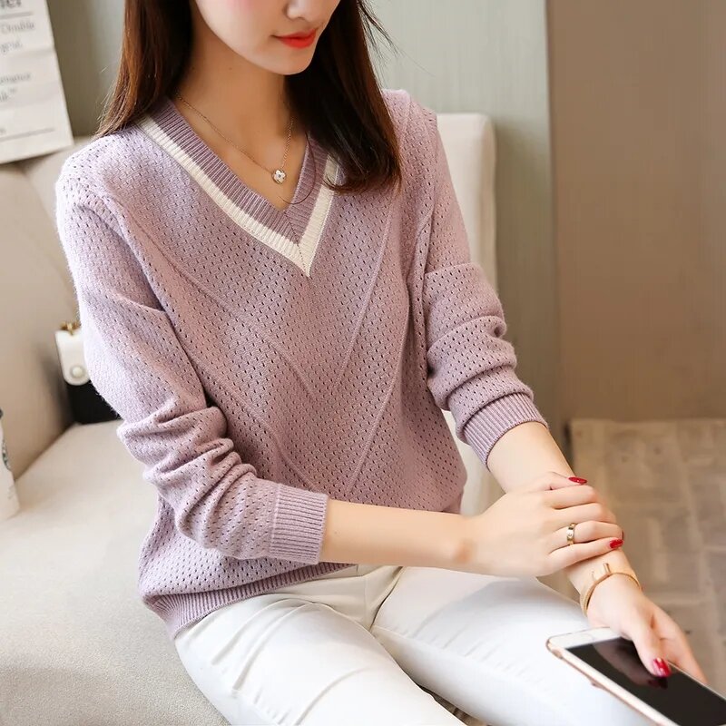 Sweater berlubang leher V wanita, atasan rajut lengan panjang tipis musim semi musim panas 2023