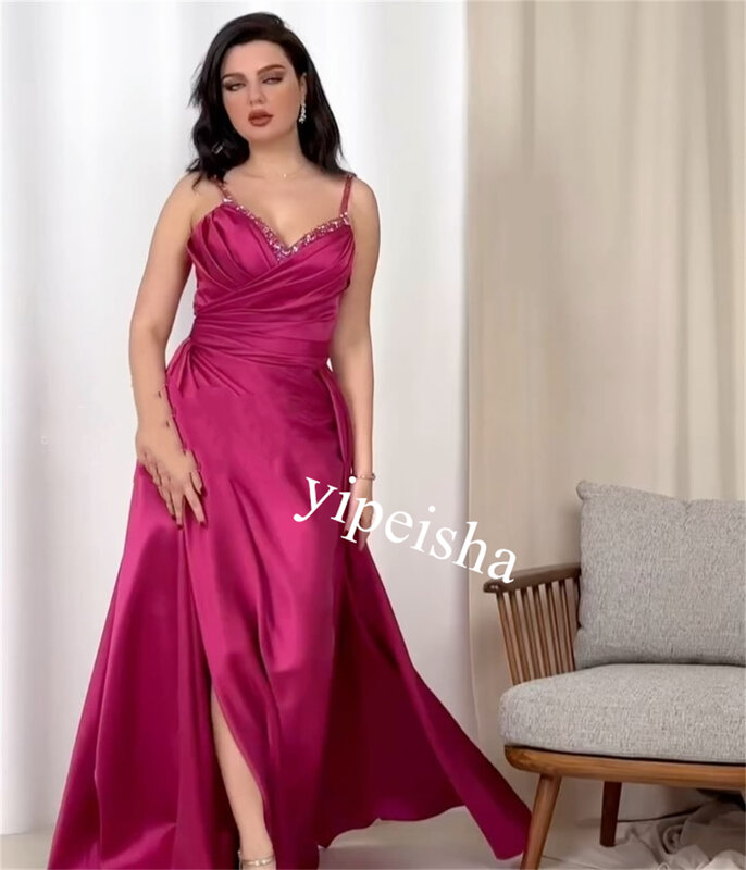 Prom Dress Evening Satin Pleat Rhinestone Homecoming A-line Spaghetti Strap Bespoke Occasion Gown Long Dresses Saudi Arabia
