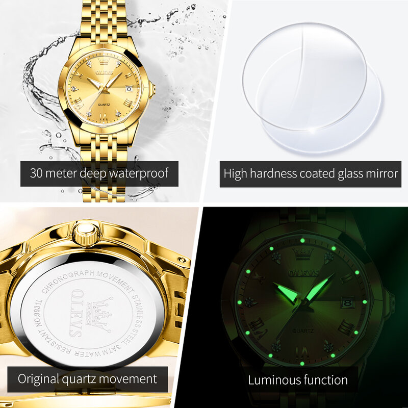 OLEVS jam tangan pasangan Quartz, arloji bisnis cermin Rhombus tahan air untuk pria wanita tanggal kalender 9931