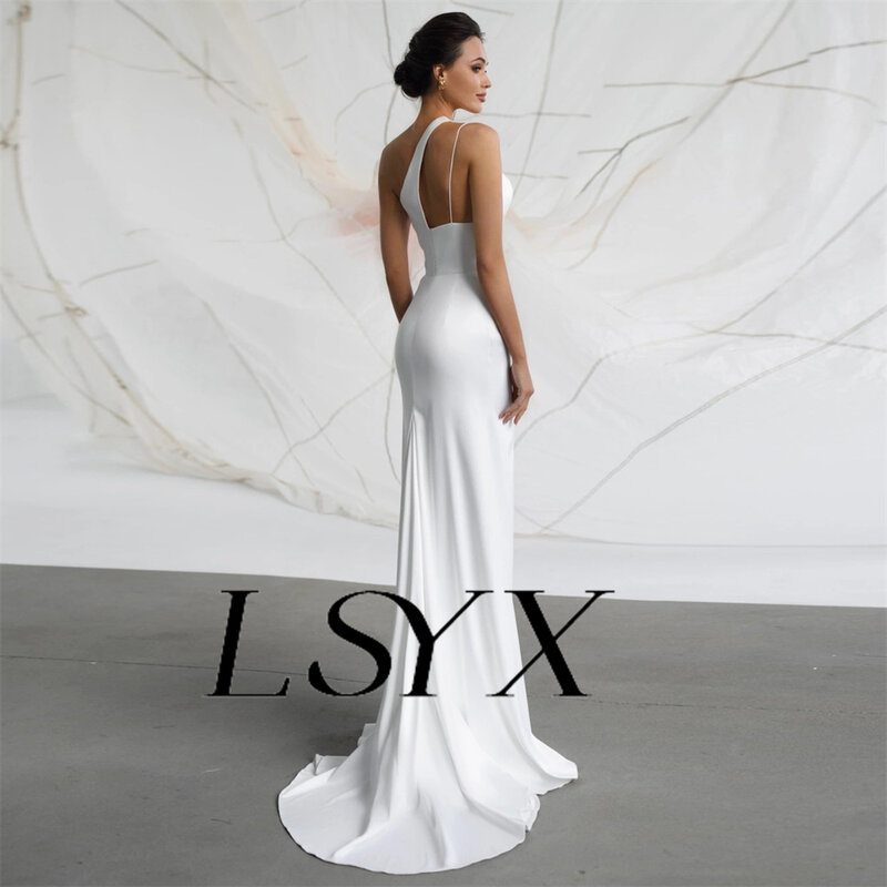 LSYX abito da sposa a sirena senza maniche monospalla semplice aperto sul retro lunghezza del pavimento abito da sposa con spacco laterale alto su misura