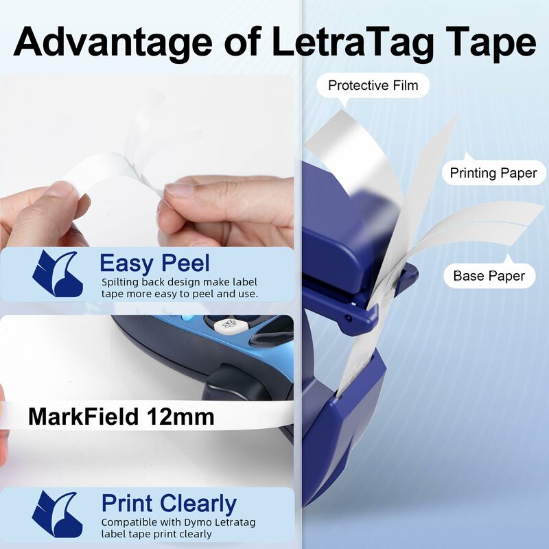 Fita de etiqueta Letratag para Letratag, plástico, papel, cartucho de tecido, preto no branco, 91201, Letratag LT-100H, Labelmaker 200B, QX50, 12mm