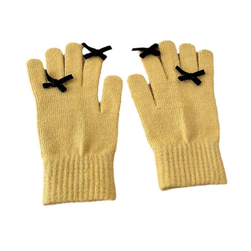 1 para damskich dzianinowych rękawiczek z kokardą zimowe ciepłe podzielony ekran wełniane rękawice z kaszmiru rękawiczki na palec prezent damskie Cro C2Q5