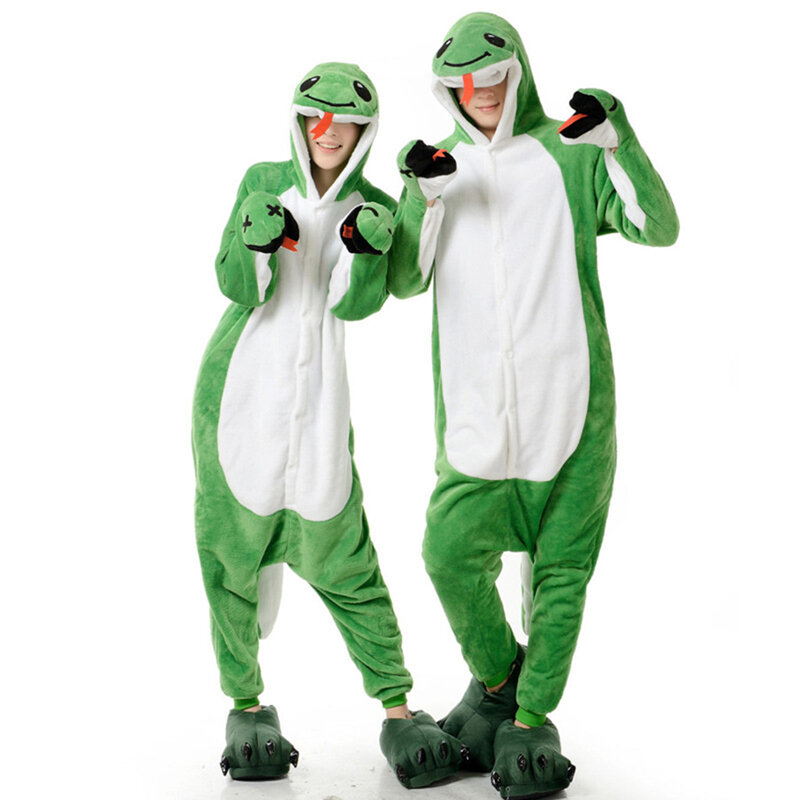 Flannel Animal Onesie Pajama Adult Green Snake Cosplay Costume Halloween Clothing Christmas One Piece Jumpsuit for Women and Men