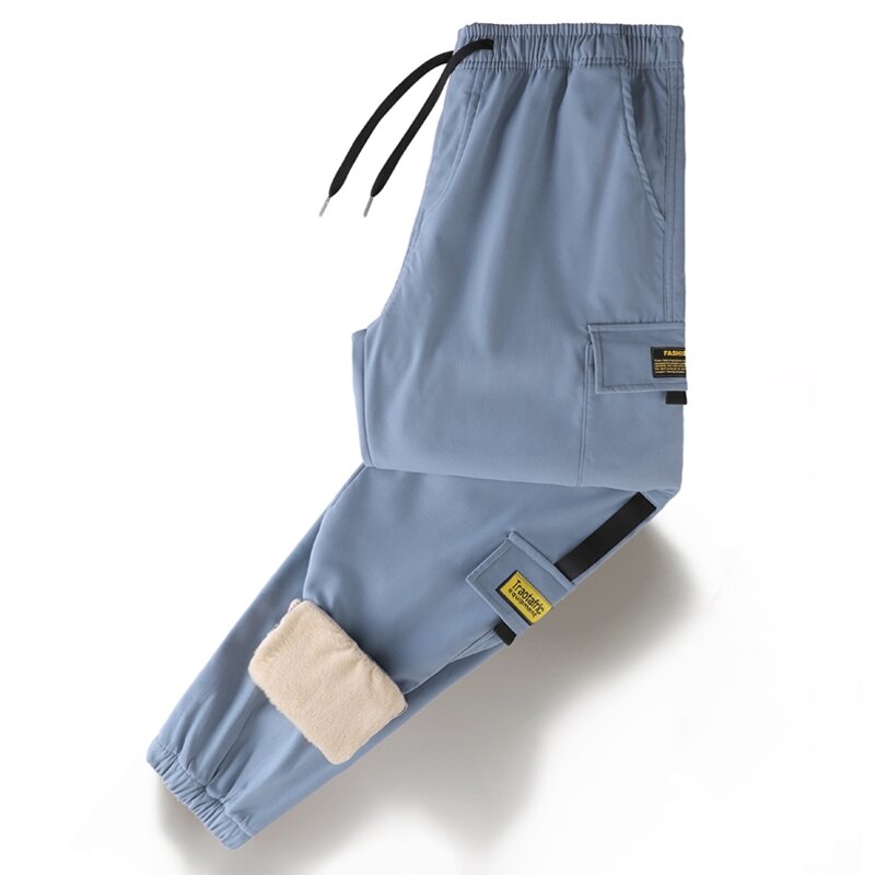CUMUKKIYP Zagęszczony polar spodnie Cargo dla mężczyzn z ściągany sznurkiem w pasie kieszeniami i nogawkami