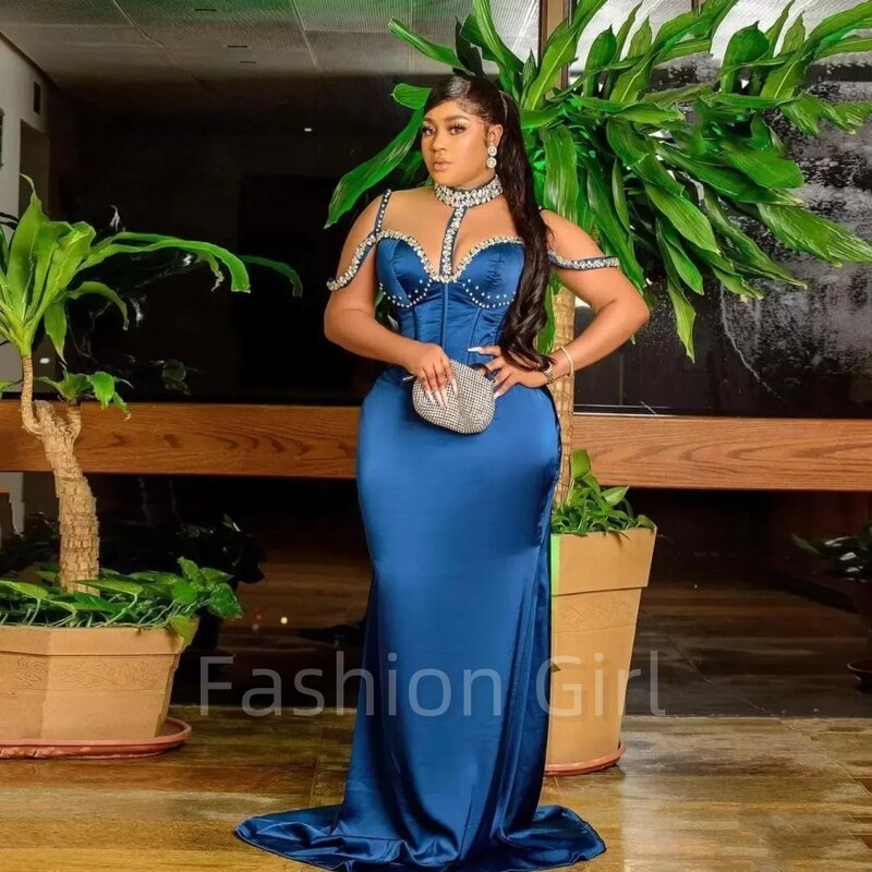 Sexy Blue Satin Mermaid High Neck Crystal Beaded Off The Shoulder Plus Size Women's Formal Occasion Party Evening Gown Custom
