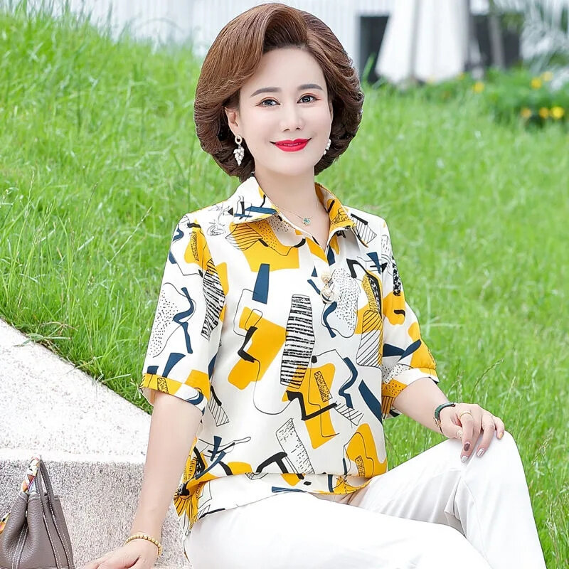 Middle Aged Elderly Women's Blouse Short Sleeved Printed Shirts Spring Summer Mothers Fashion Printed Top And Pants Sets 2PCS