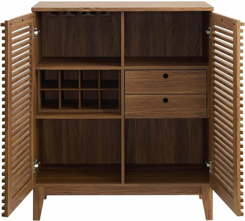 Mid-Century Modern Bar Cabinet Wine Rack Storage, Walnut Finish Coffee Liquor Bar Cabinet Sideboard Buffet Cabinet