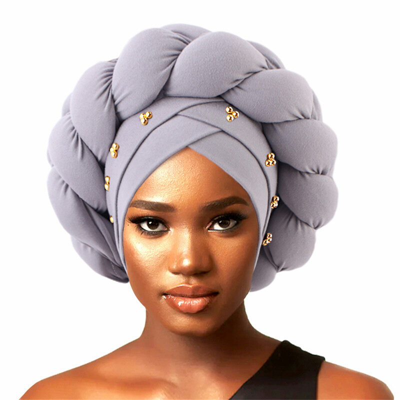 Auto Gele topi Bonnet ikat kepala Afrika Turban untuk wanita Muslim bungkus kepala syal Nigeria kepang Hijab Aso Oke Femme Chemo topi penutup