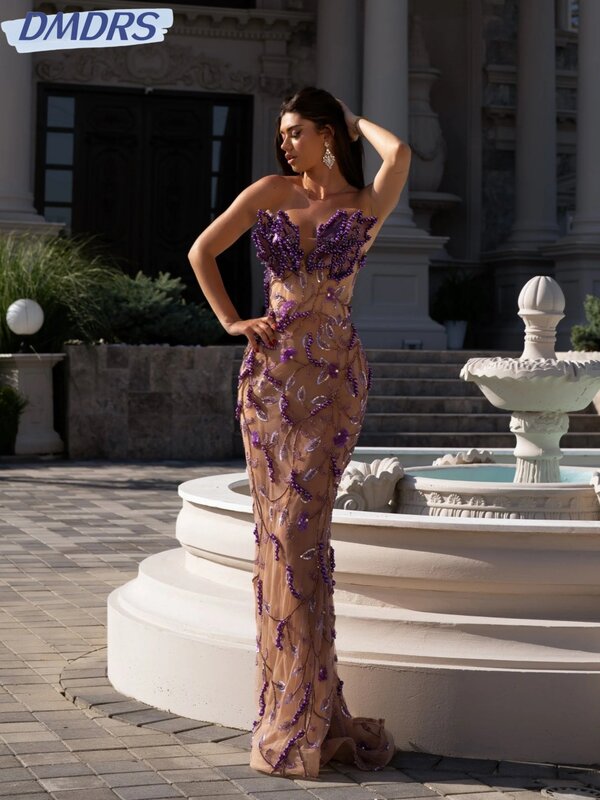 Purple Straight Long Prom Gown Sparkly Sequins Beads Cocktail Dresses Sexy Illusion Pearls Evening Dress  Robe De Mariée