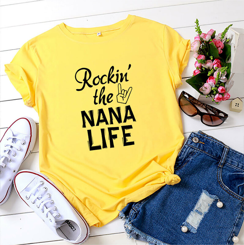 Kaus wanita lengan pendek motif bunga Rockin The Nana Life kaus wanita longgar kerah O kaus Wanita Atasan Wanita pakaian Camisetas Mujer