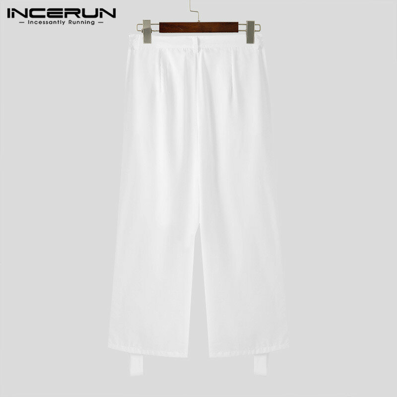 INCERUN męskie proste spodnie w jednolitym kolorze z guzikami w stylu Streetwear spodnie typu Casual mężczyzn 2024 luźna moda S-5XL długie spodnie rekreacyjne