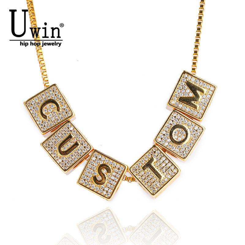 Uwin Choker Liontin Huruf Kubus Kustom Kalung Nama Diy untuk Hadiah Perhiasan Hip Hop Inisial Personalisasi Mode Wanita