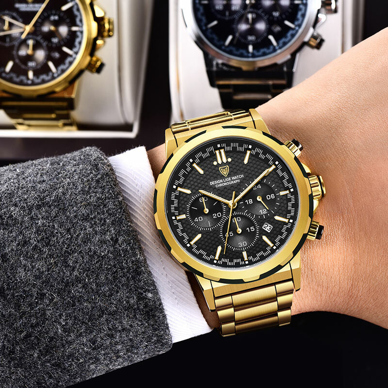 LIGE 디자인 탑 브랜드 럭셔리 쿼츠 시계, 남성용 스테인리스 비즈니스 패션 시계, 방수 발광 캐주얼 시계 손목시계