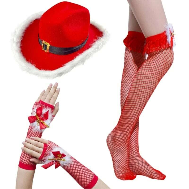 Сексуальная ковбойская шляпа с перьями, сетчатые перчатки на запястьях, комплект чулок, реквизит для фотосессии, рождественская