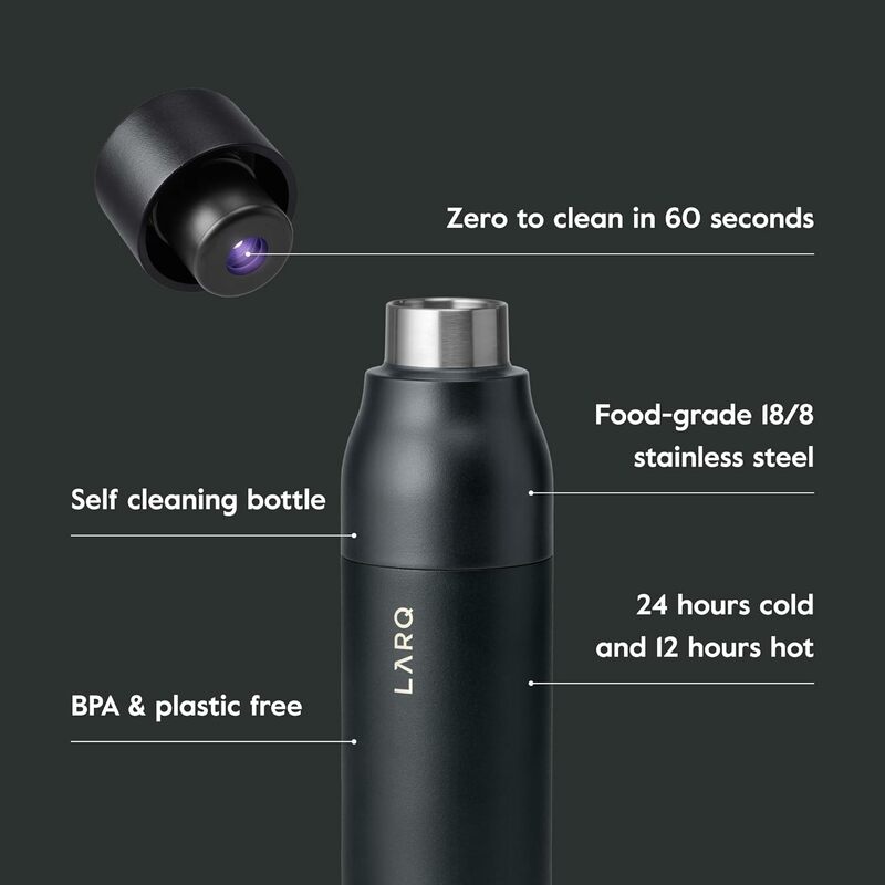 LARQ-Garrafa de água isolada de aço inoxidável com purificador de água UV, PureVis, auto-limpeza, 17 oz, premiado
