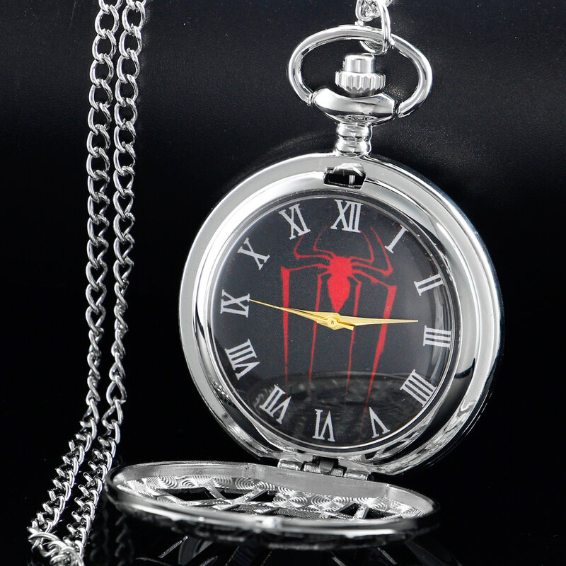 Silver Spider Logo Super Hero Quartz Pocket Watch Exquisite Necklace Pendant Bracelet Clock Best Gift for Men and Children