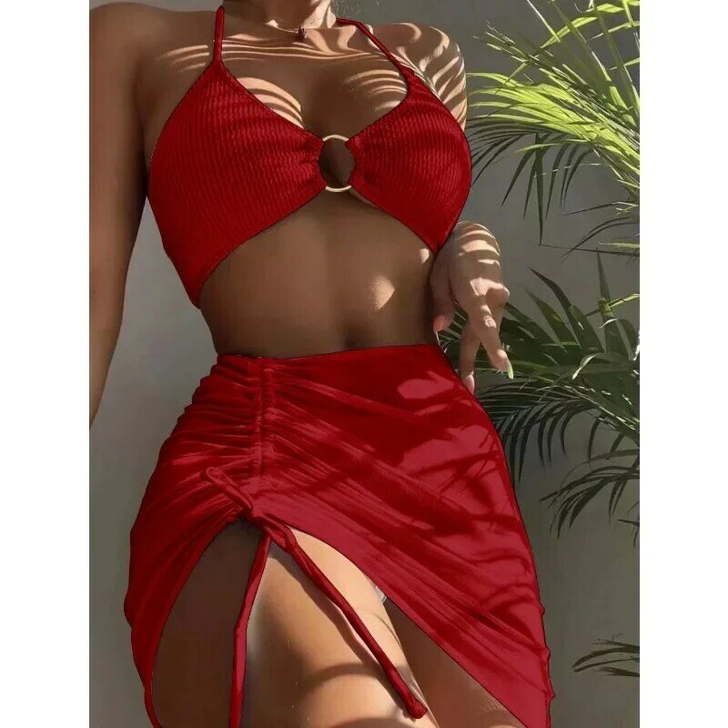 Bikini unicolor de cintura baja para mujer, bañador Sexy de tres piezas, traje de baño Bandage brasileño, ropa de playa para mujer 2024