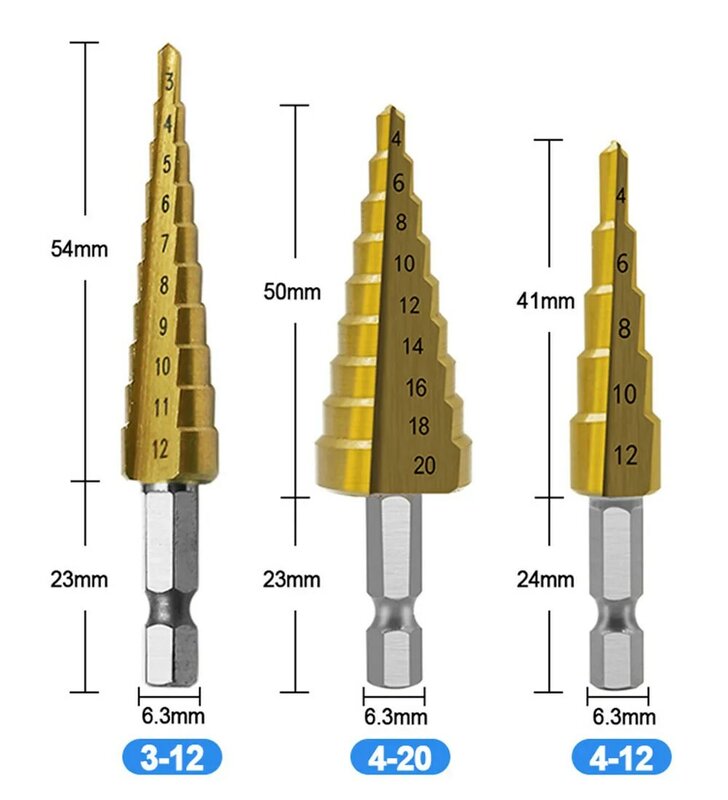 3 pezzi 3-12mm 4-12mm 4-20mm HSS Set di punte per trapano a gradino con scanalatura dritta Set di punte per fori in metallo rivestito in titanio strumenti di perforazione a cono centrale