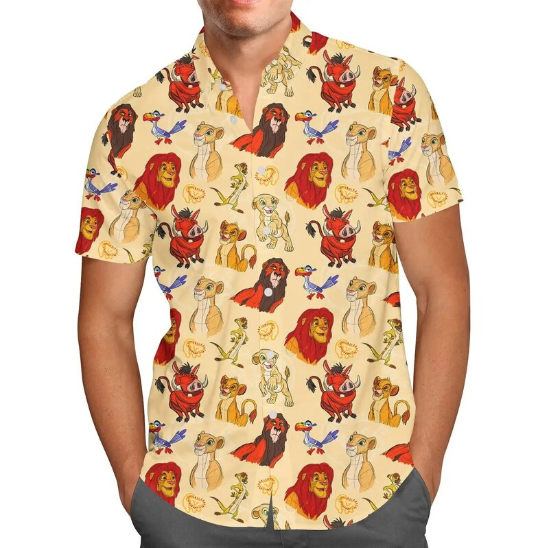 Гавайская рубашка с коротким рукавом для мужчин, Повседневная пляжная сорочка на пуговицах, с принтом Дисней, Король Лев, Симба, летняя