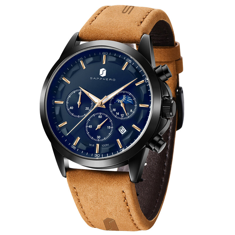SAPPHERO Jam tangan olahraga pria, mewah tahan air bercahaya baja nirkarat jam tangan kuarsa kronograf untuk pria
