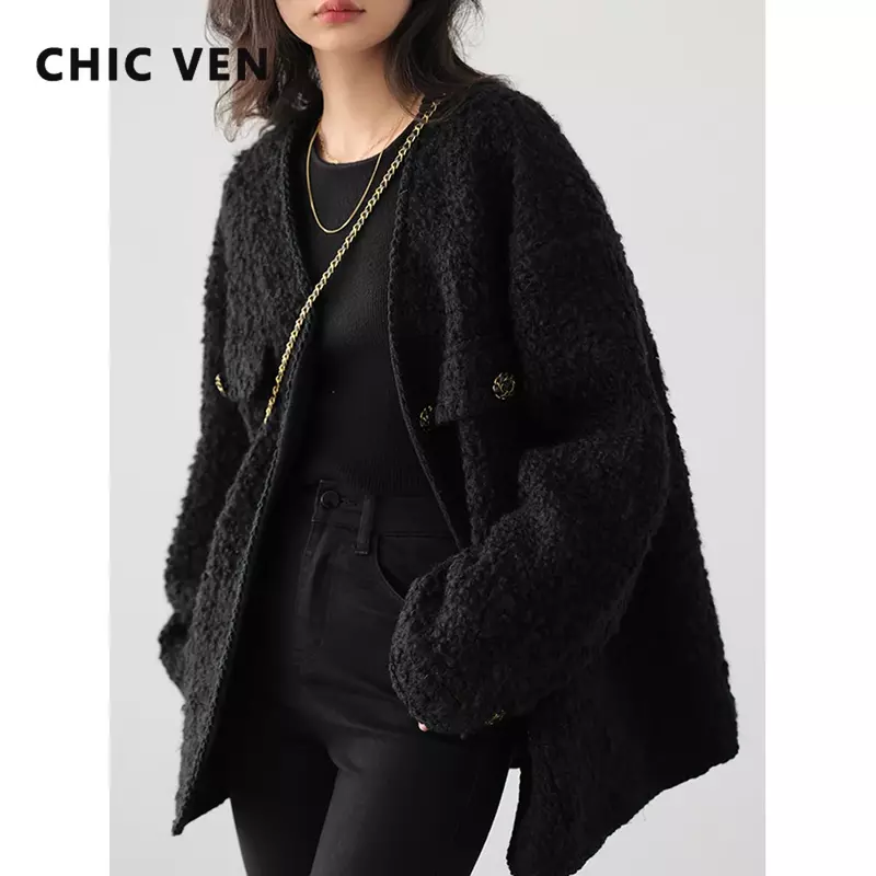 CHIC VEN-abrigo de lana para mujer, chaqueta Vintage de un solo pecho, con cuello en V, para oficina, Tops femeninos, primavera y otoño, 2023