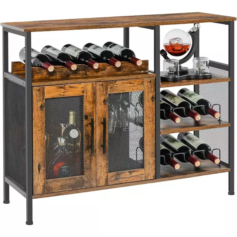 Poignées amovibles pour vin T1 avec étagère en verre, porte en maille, vitrine marron rustique, livraison gratuite