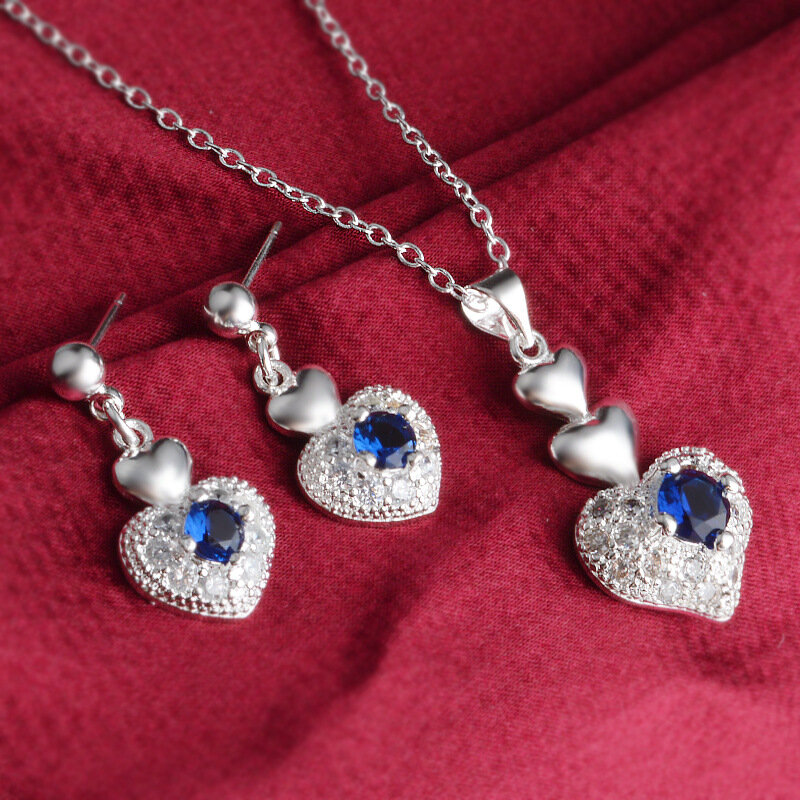 Colar e brincos de prata esterlina pura 925, coração de cristal de zircão azul, joias românticas fofas, moda
