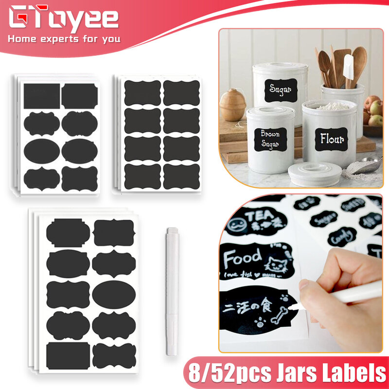 8-52 pz/set etichette per barattoli adesivo per lavagna cancellabile etichetta per bottiglia adesiva per lavagna da cucina artigianale impermeabile con pennarello bianco