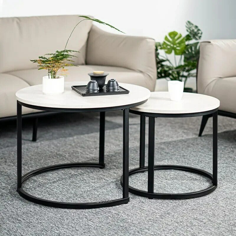 Miereirl Round Nesting Coffee Table Circle Accent Tables for Small Spaces Side End Set of 2 Living Room Balcony Office