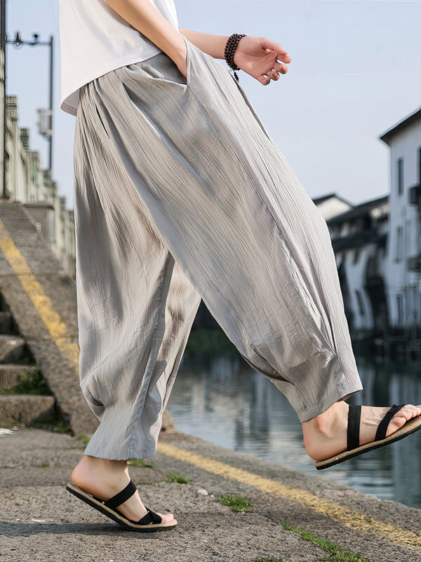 Summer Ice Silk Casual Pants Men Loose Linen Wide leg Ankle-length Harem Trousers Baggy 2024 New