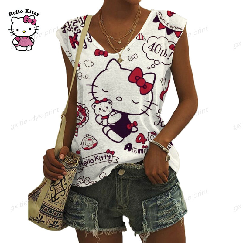 Débardeur imprimé Hello Kitty 3D pour femme, camisole de dessin animé, mode anime, mini ISO, 2024