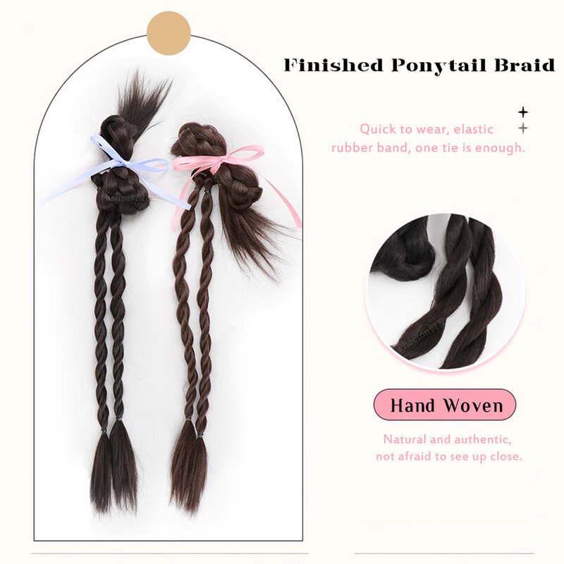OLACARE Synthetic Long Braided Ponytail Hair Extensions for Women Black Brown Pony Tail with Hair Rope High Temperature Fiber