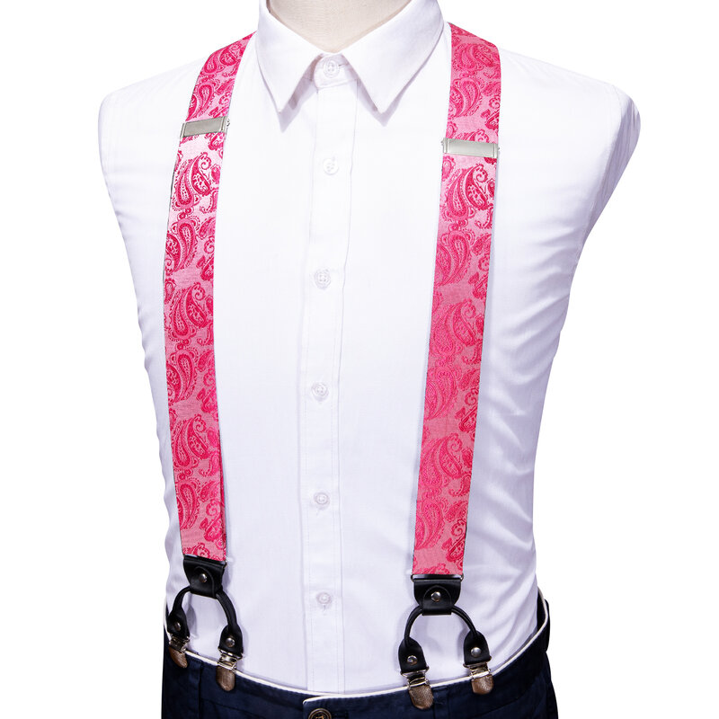 Wedding Peach Pink Silk Suspenders For Men Exquisite Paisley Jacquard Bowtie Kerchief Cufflinks Sets Groom Party Barry.Wang 2075