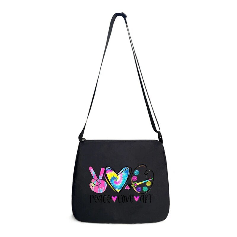 Peace Love Teach Print Shoulder Bag for Women Leopard Print Heart Adjustable Shoulder Straps Satchel Teacher Gift Underarm Bags
