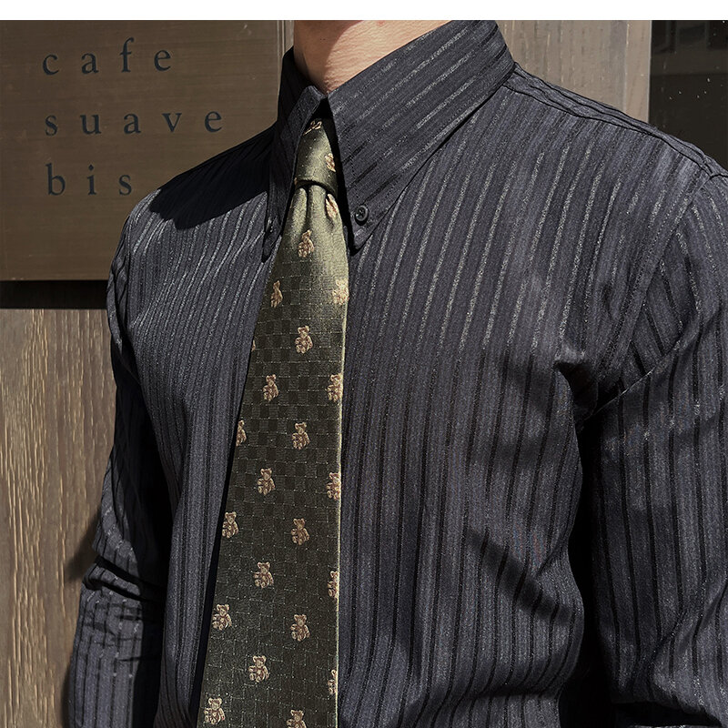 Мужская винтажная рубашка в полоску с длинным рукавом, универсальная деловая рубашка приталенного силуэта с острым воротником без складок, 2024, высокое качество