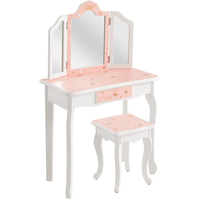 Children's dressing table, girl's dressing table set, with stool, three fold mirror, drawer, children's dressing table