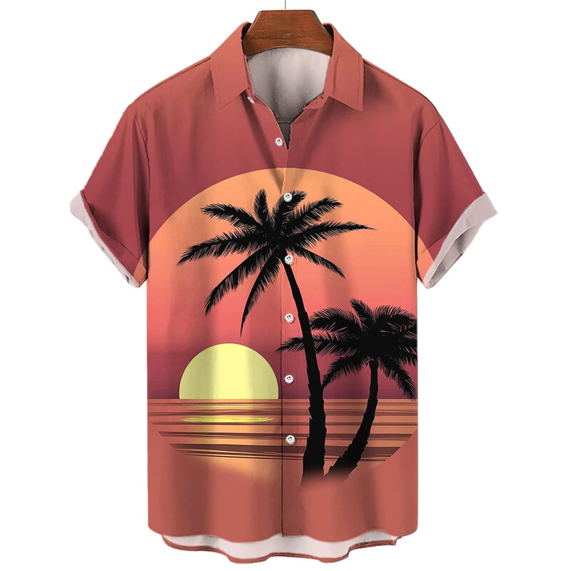 Nút áo phụ nữ nam Summer Seaside Sunset Cây cọ in ngắn tay áo sơ mi thời trang ngắn tay áo trên