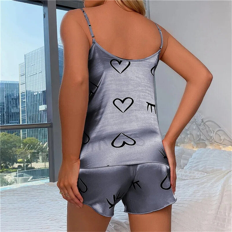 Women Pajama Set Sexy Heart Print 2 Pieces Sleepwear Pyjamas Silk Satin Top And Shorts Nightwear Suits Sleeveless Underwear Tops