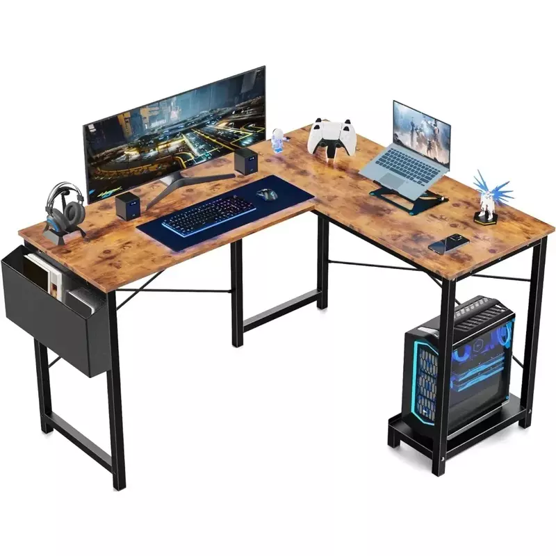 Escritorio de ordenador en forma de L, mesa de juegos de PC de esquina de madera con bolsa de almacenamiento lateral para el hogar, oficina, espacios pequeños, escritorios de habitación, muebles de estudio