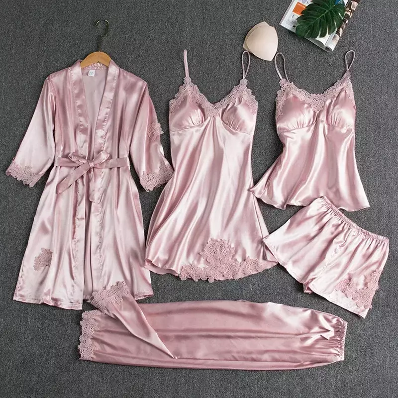 Nowa damska piżama Satin 5PCS Summer Lace Patchwork Sexy Women Nightwear Thip Suit Nightdress Wle Robe Sleest Padsith Chen Sty