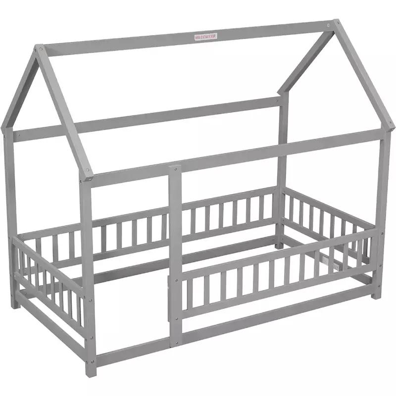 Chambre jumelle-Lit au sol, enfants avec clôture et toit, filles, garçons (jumeaux, gris), lit Montessori en bois